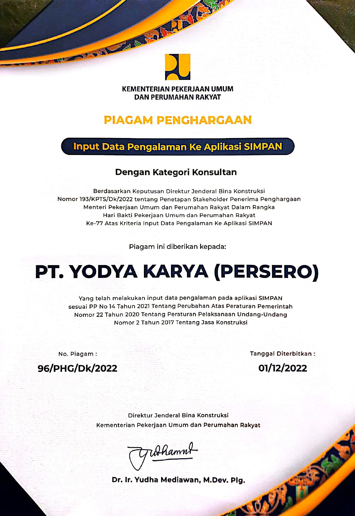 Dapat Penghargaan Jasa Konstruksi 2002, Kinerja Yodya Karya Diapresiasi Kementerian PUPR 